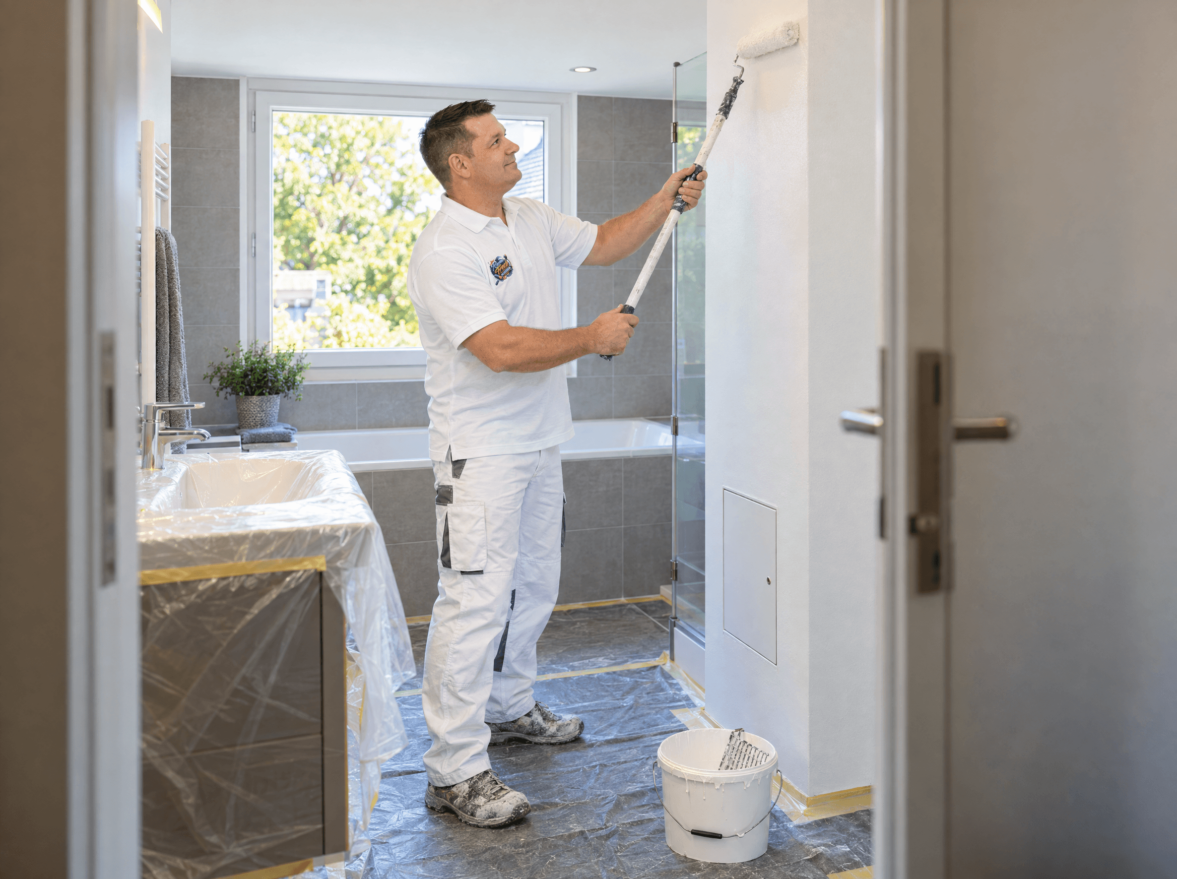 Roman Frech streicht eine geschlossene Installationsverkleidung im geschützten Badezimmer